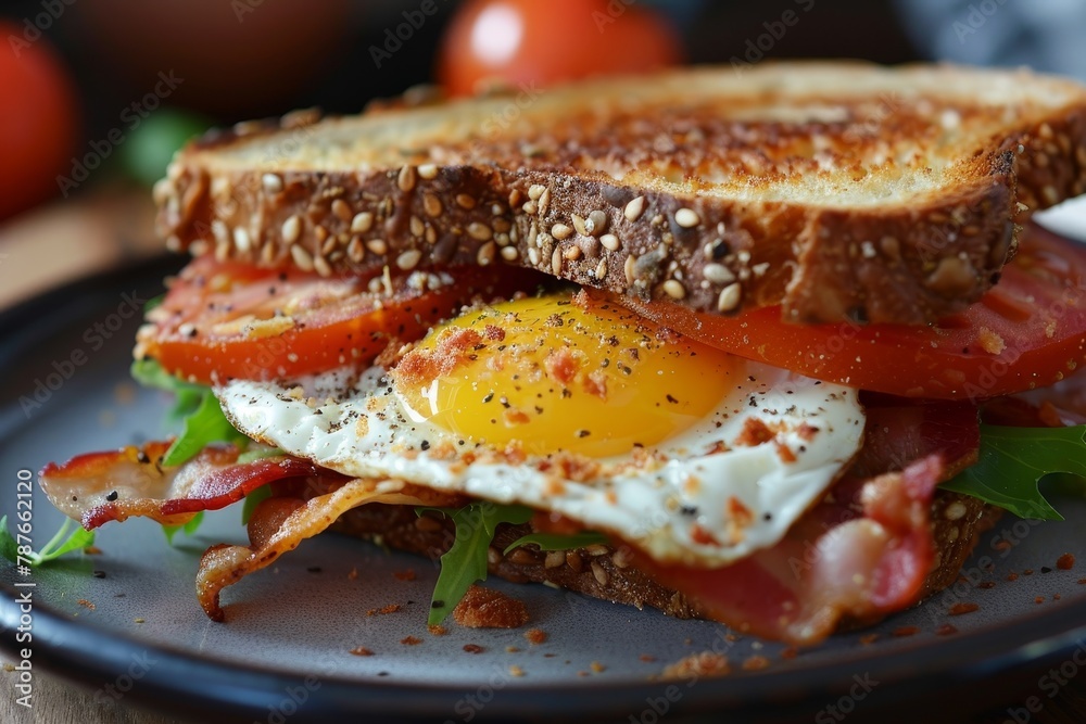 Bacon tomato and fried egg in whole wheat sandwich Bacon tomato and fried egg in whole wheat sandwich