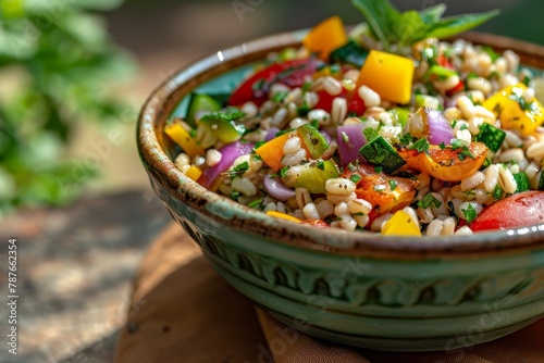 Barley salad with veggies in green bowl for summer