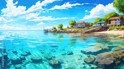 Tropical Paradise Split View, Underwater and Beachside Illustration