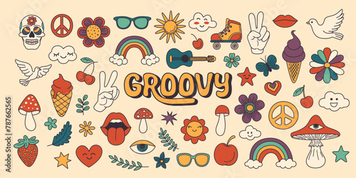 Vector Vintage Groovy Icons and Design Elements for Poster, Sticker Design. Retro Symbol in Hippie 70s Style, Psychedelic Mushroom, Flowers, Eye, Anti-War Peace Symbols. Vector Illustration
