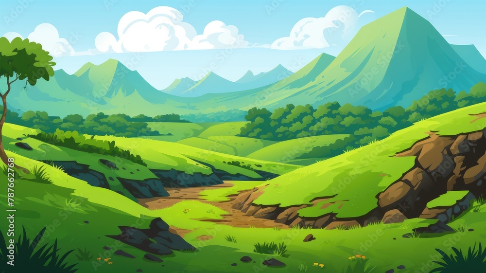 Cheerful Cartoon Valley with Sunny Skies and Green Mountains