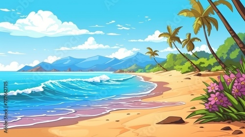 Tropical Paradise Beach Landscape, Serene Ocean View Illustration