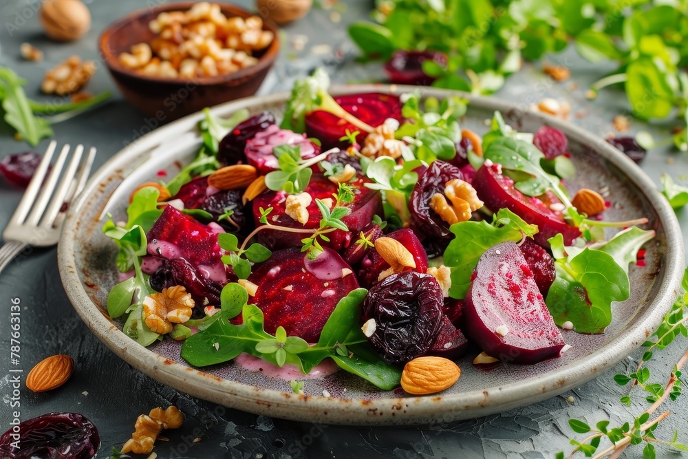 Beet and prune salad with nuts on plate