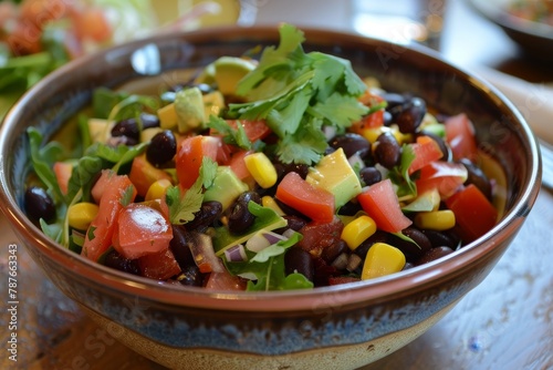 Black bean salad in a bowl on table photo