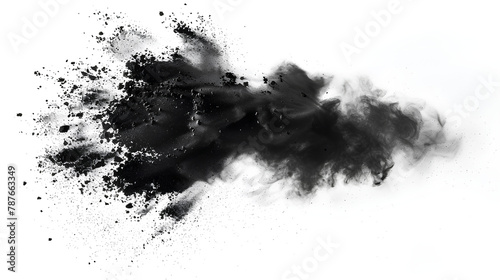 Black chalk pieces and powder flying, explosion effect isolated on white photo