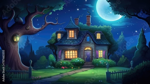 Enchanted Nighttime Cottage in a Mystical Garden