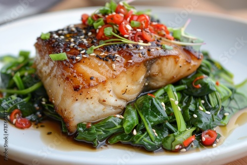Black cod marinated in miso with spinach salad