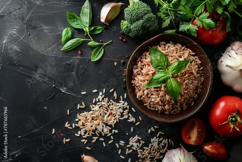 Brown rice and fresh vegetables on dark vintage background Top view Health concept
