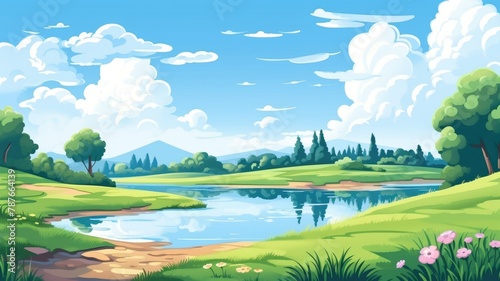  Serene Nature Landscape, Peaceful Cartoon Illustration