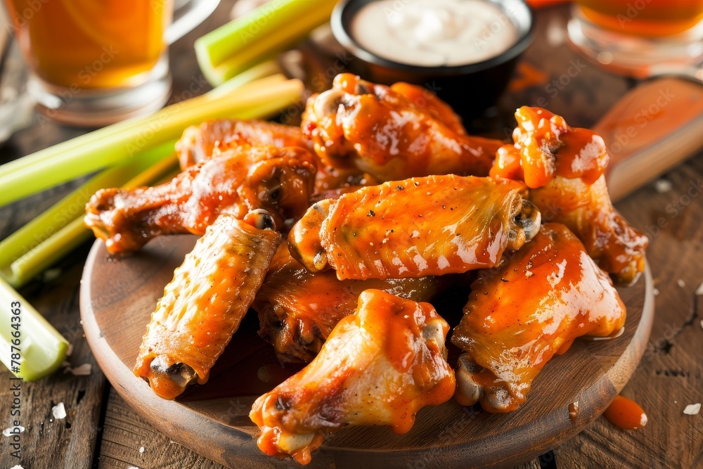 Buffalo wings with cayenne sauce served with celery carrots blue cheese dip and beer