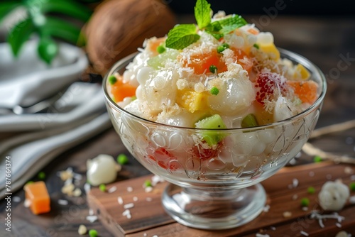 Buko Salad is a Filipino fruit salad with young coconut tapioca pearl jelly Nata de Coco and sweetened milk or cream photo