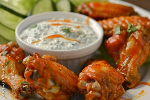 Buffalo wings with blue cheese dip photo