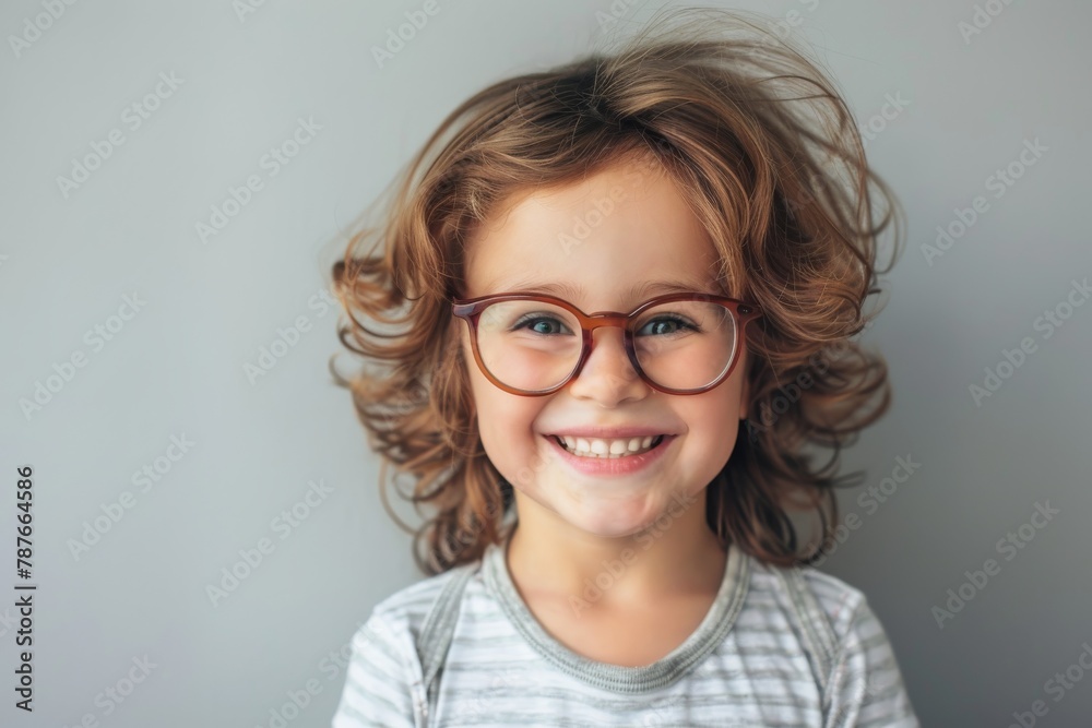 A child smiles with glasses on a plain background. Children's vision and eye health concept A child smiles with glasses on a plain background. Children's vision and eye health concept