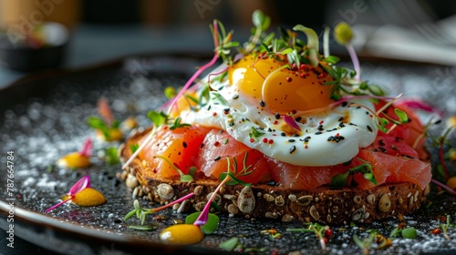 Gourmet avocado toast topped with smoked salmon and a perfectly poached egg