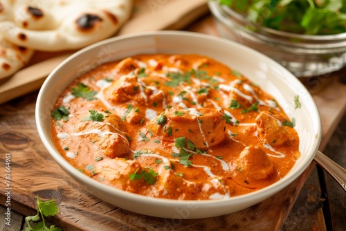 Butter chicken and homemade naan bread Murgh Makhani focus on the food