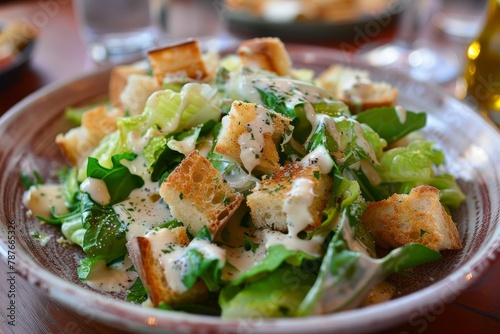 Caesar salad with dressing on a plate