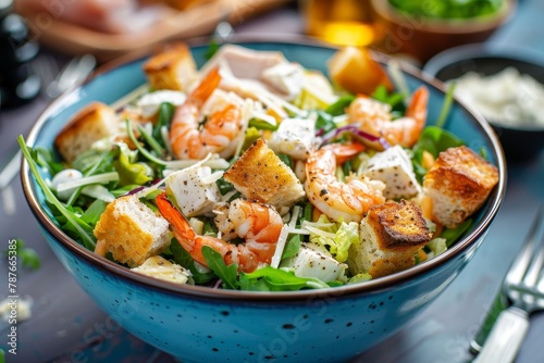 Caesar salad with prawn chicken croutons and cheese in blue bowl focused