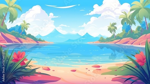 Tropical Beach Bliss, Vibrant Cartoon Landscape