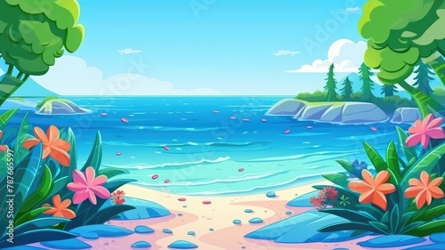 Tropical Beach Bliss, Vibrant Cartoon Landscape