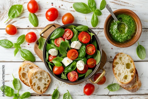 Caprese salad and chiabatta with cherry tomatoes spinach mozzarella and pesto on white wooden background