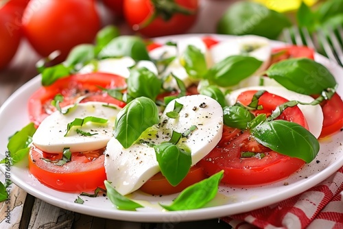 Caprese salad featuring mozzarella tomato basil on plate
