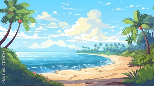 Serene Tropical Beach, Idyllic Cartoon Landscape