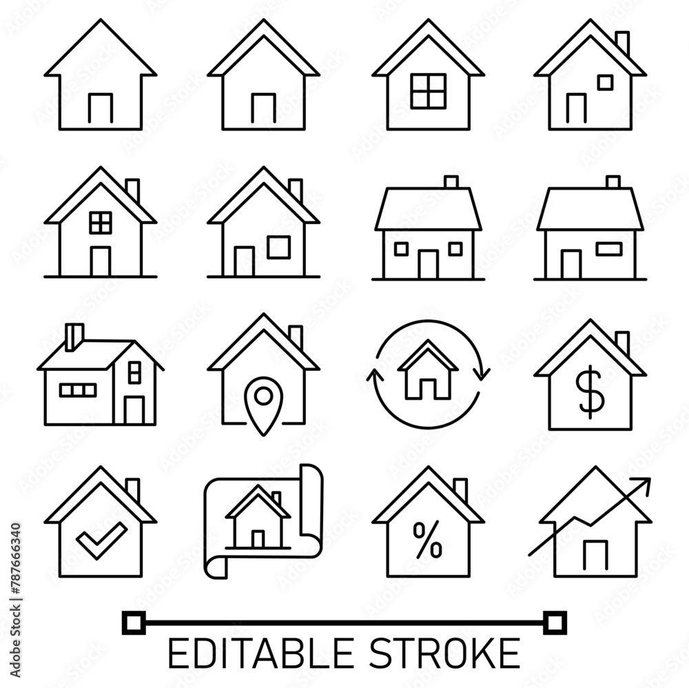 Set of house in modern thin editable line style. home symbols for web site design and mobile apps. Simple linear house pictograms on a white background.