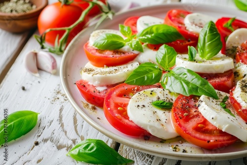 Caprese salad with mozzarella tomatoes spices basil Homemade tasty healthy meal White wooden background Close up