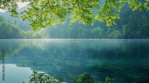 Tranquil Lake Surrounded by Lush Green Forest and Majestic Trees Reflecting Clear Sky