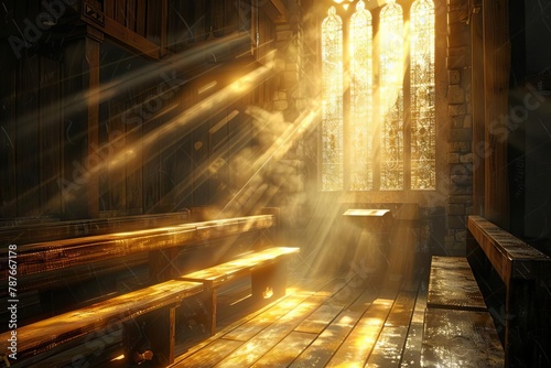 heavenly light pouring through church window illuminating wooden pews in a spiritual moment