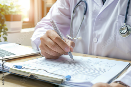 Male doctor writing and filling a prescription for her patient, medical insurance claim form