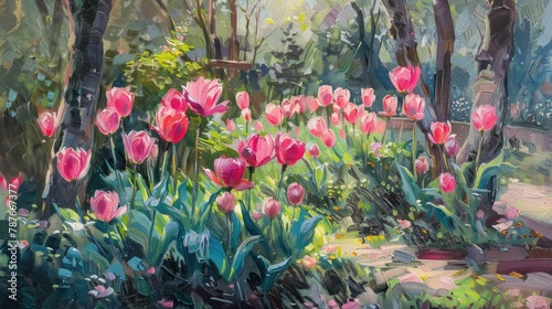 Garden with blooming pink tulips #787667377