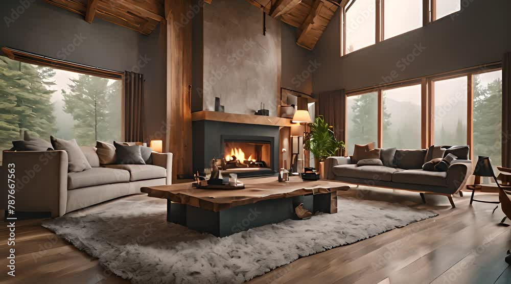luxury living room with fireplace, cozy cabin with beautiful rainy forest view