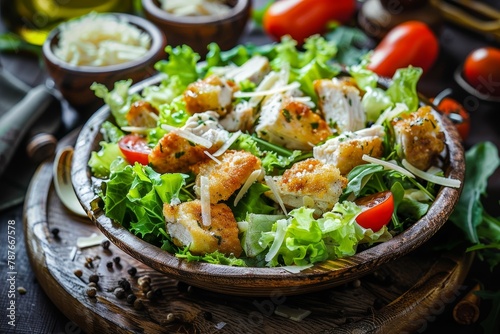 Chicken Caesar salad on oak table Mediterranean cuisine
