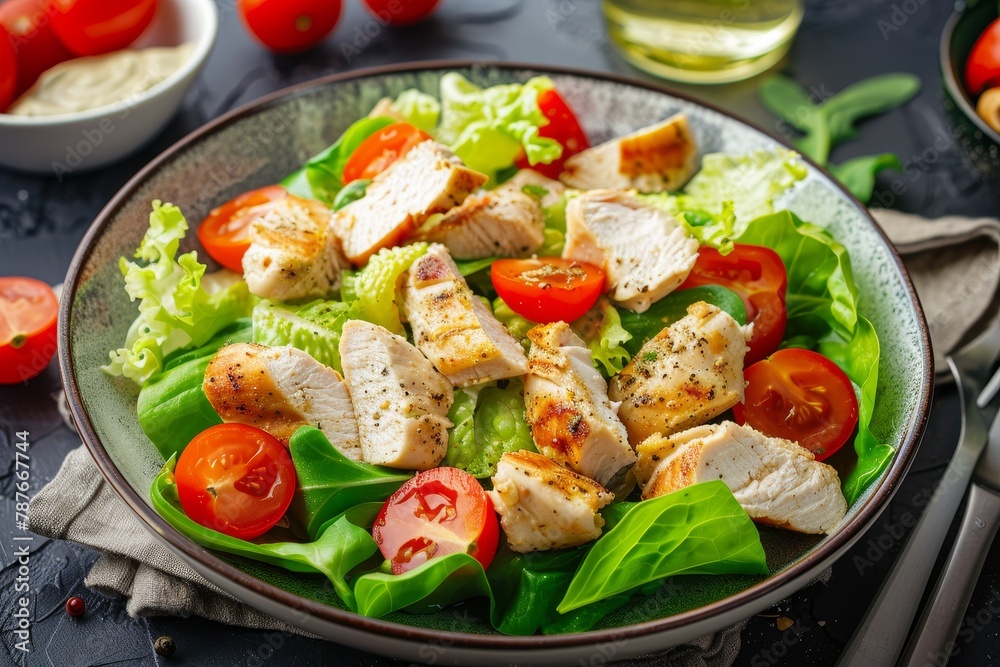 Chicken Caesar salad with cherry tomatoes and lettuce Chicken Caesar salad with cherry tomatoes and lettuce
