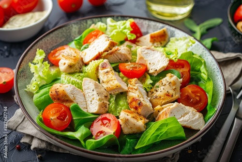 Chicken Caesar salad with cherry tomatoes and lettuce