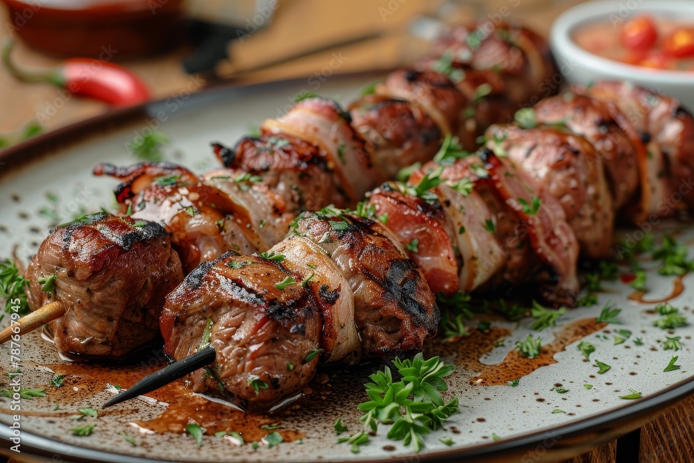 Chicken liver kebab with bacon and garlic sauce
