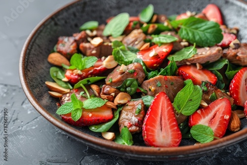 Chicken liver and spinach salad with strawberries almonds and mint Keto meal Food recipe Close up
