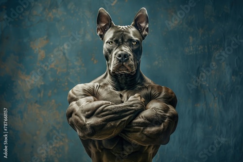 Muscular dog with human body, strongman pose, blue textured background. © evgenia_lo