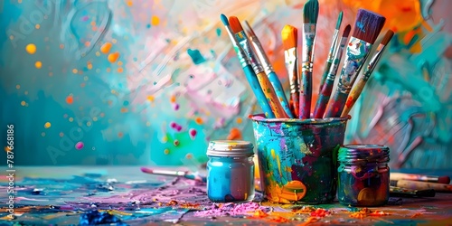Paint Brushes in a Pot with Paint Jars on a Colorful Table photo