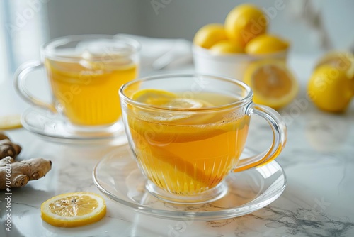 homemade lemon ginger tea in glass cups on kitchen table healthy winter drink