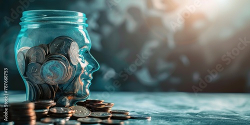 Blue glass jar filled with coins shaped like a human head against a blurred background. photo