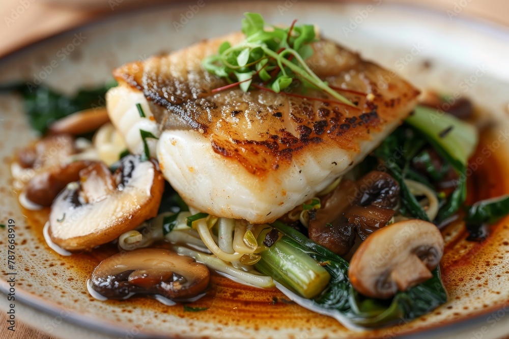 Close up of Thai fried cod with bok choi and mushrooms - obrazy, fototapety, plakaty 