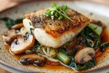 Close up of Thai fried cod with bok choi and mushrooms
