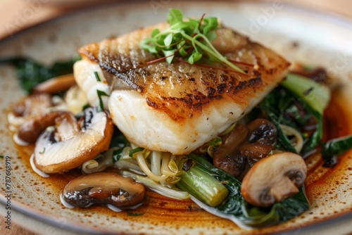 Close up of Thai fried cod with bok choi and mushrooms photo