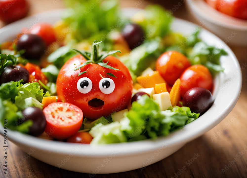 a humorous image of a blushing tomato looking surprised and embarrassed while peeking at a salad bowl with various veggies and dressing.
