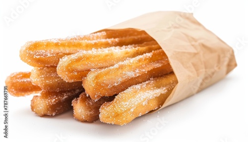 Close up of a churro a fried dough pastry in a paper bag with powdered sugar isolated on white