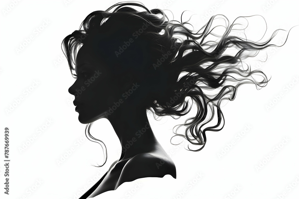 Stark black and white digital artwork of a woman's silhouette with flowing hair, showcasing contrast Stark black and white digital artwork of a woman's silhouette with flowing hair, showcasing contrast