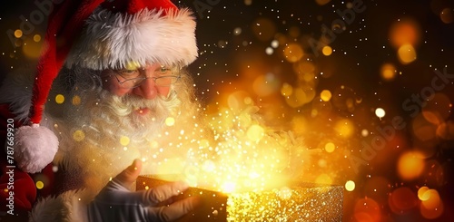 Santa Claus Opens Christmas Present Surrounded by Gleaming Lights. Made with Generative AI Technology (ID: 787669920)