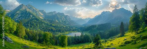 panorama of the mountains in summer,
Austria Salzburger Land Hintersee Drone View of photo